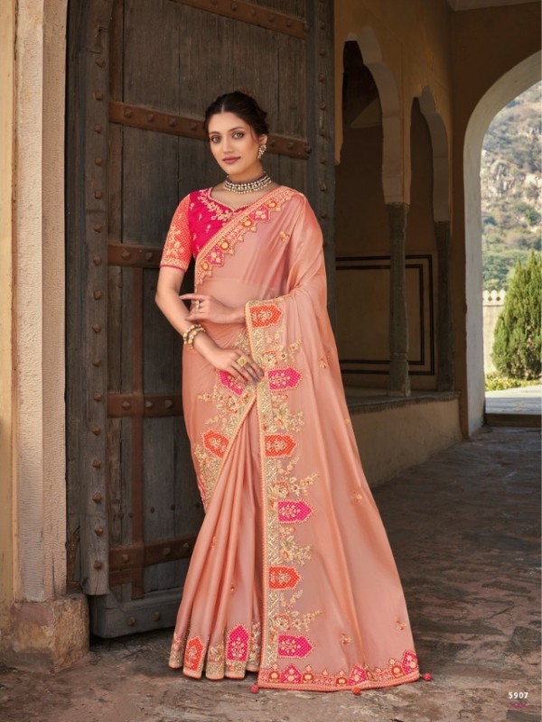  Dola silk  Saree Peach Color With Embroidery Work