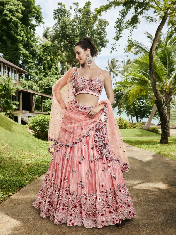 Pure Georgette Wedding Wear Lehenga In Peach Color With Embroidery Work 