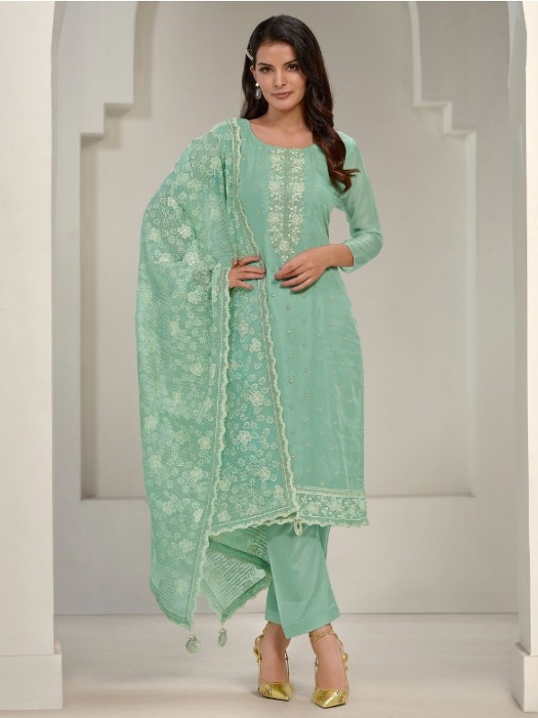 Soft Organza  Party Wear Suit  in Sea Green Color with  Embroidery Work