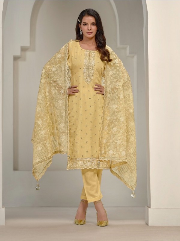 Soft Organza  Party Wear Suit  in Yellow Color with  Embroidery Work