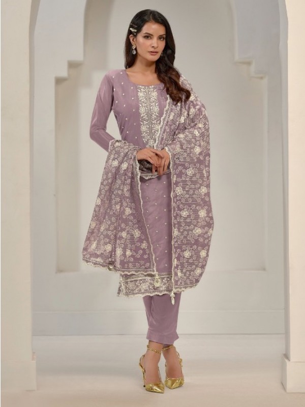 Soft Organza  Party Wear Suit  in Mauve Color with  Embroidery Work