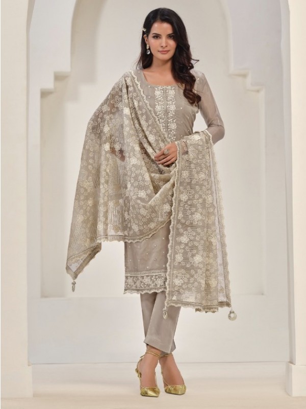 Soft Organza  Party Wear Suit  in Beige Color with  Embroidery Work