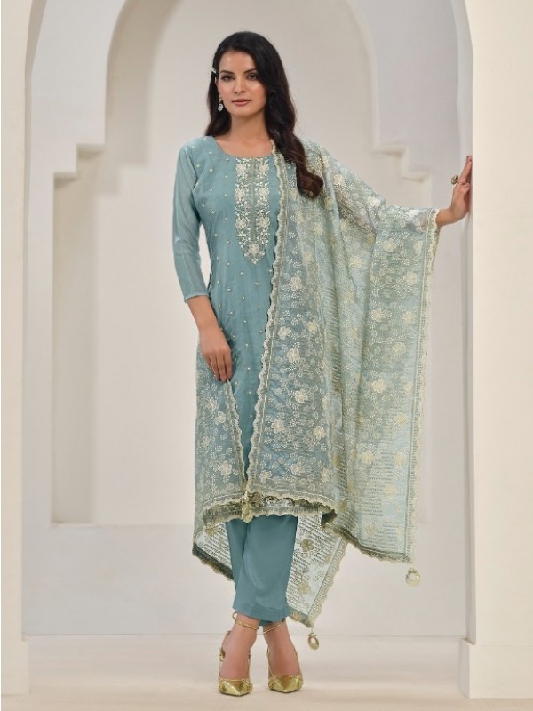 Soft Organza  Party Wear Suit  in Blue Color with  Embroidery Work