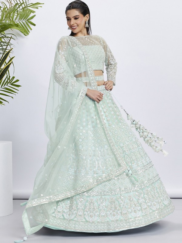 Soft Premium Net Lehenga Turquoise blue Color Lehenga With Embroidery Work & Sequence Work    