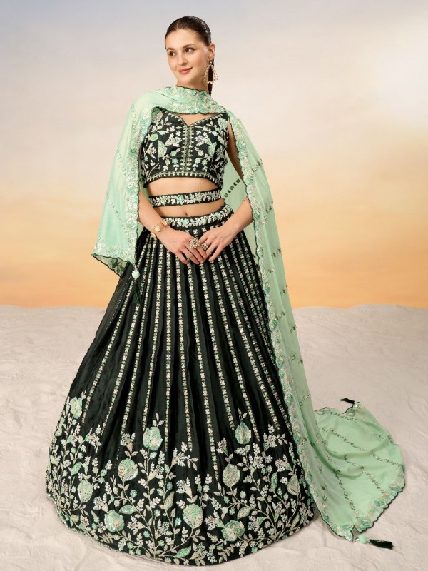 Pure Satin Silk Lehenga In Green Color With Embroidery Work & Sequence Work  
