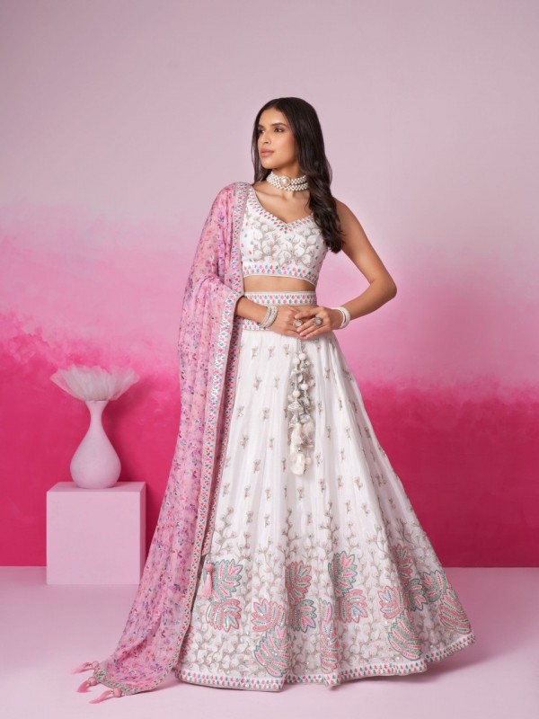 Pure Chiffon Lehenga In Cream Color With Embroidery Work & Sequence Work  