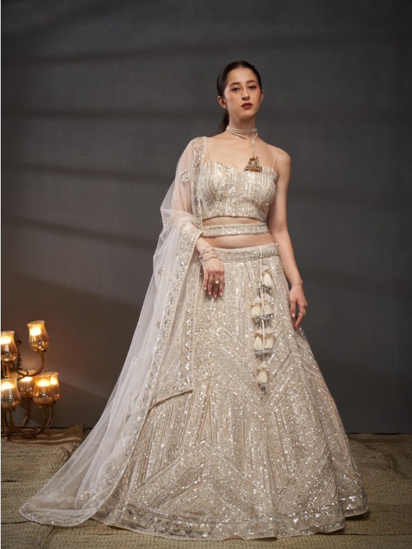 Pure Chiffon Lehenga In Cream Color With Embroidery Work & Sequence Work  