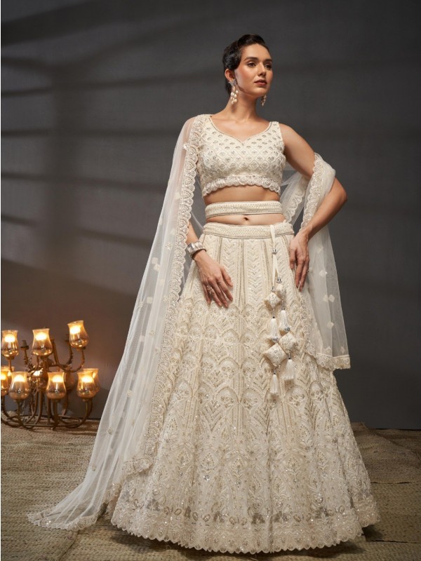 Soft Premium Net Lehenga In Cream Color With Embroidery Work , Cutdana , Zarkan &  Sequence Work  