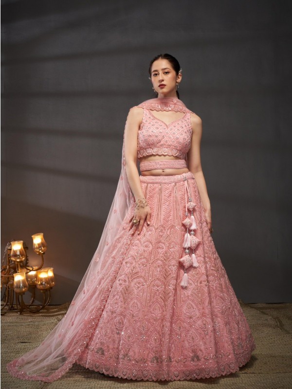 Pure Chiffon Lehenga In Pink Color With Embroidery Work , Cutdana , Zarkan &  Sequence Work  