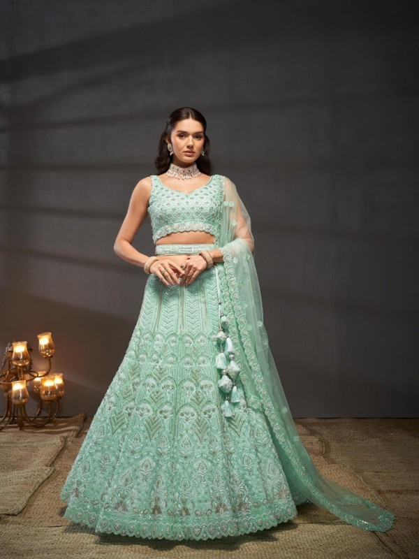 Pure Chiffon Lehenga In Turquoise blue Color With Embroidery Work , Cutdana , Zarkan &  Sequence Work  