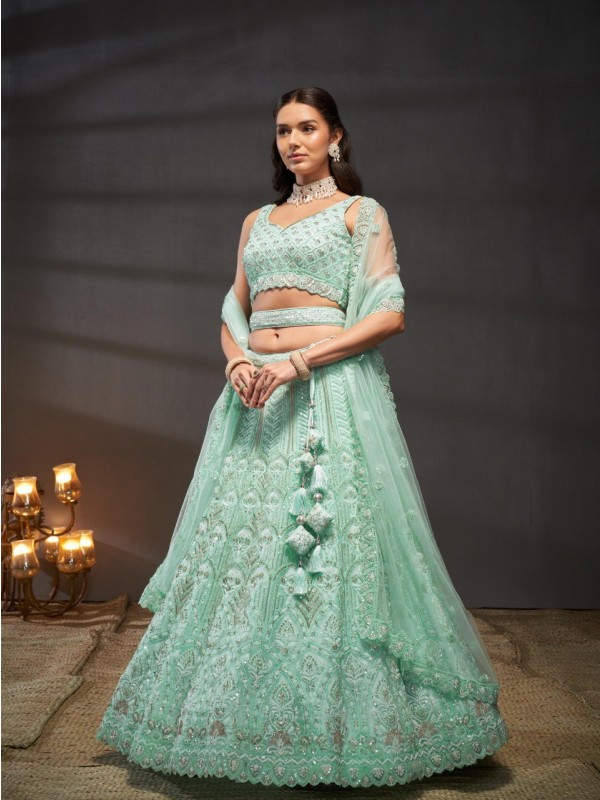 Soft Premium Net  Lehenga In Turquoise blue Color With Embroidery Work & Zarkan Work 