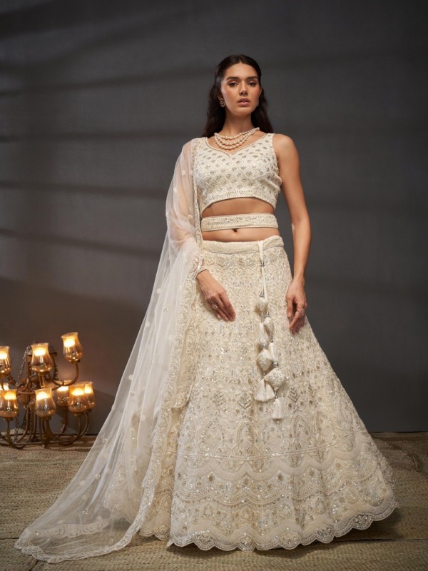 Soft Premium Net  Lehenga In Cream Color With Embroidery Work , Cutdana , Zarkan &  Sequence Work  