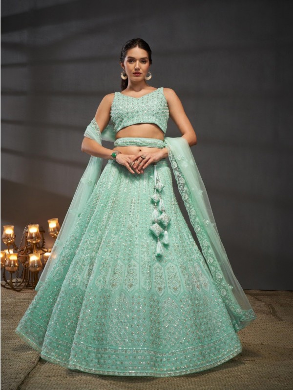 Soft Premium Net Lehenga In Turquoise blue Color With Embroidery Work & Zarkan Work 