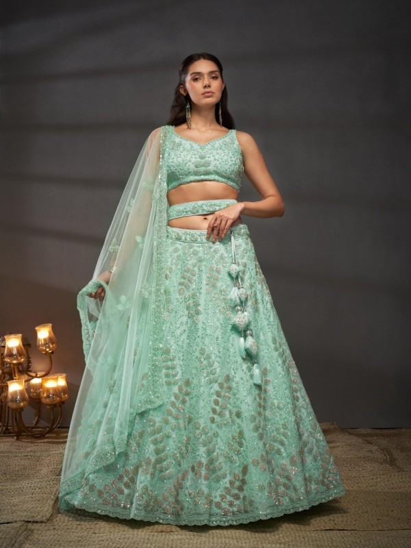 Soft Premium Net Lehenga In Turquoise Blue Color With Embroidery Work & Zarkan Work 