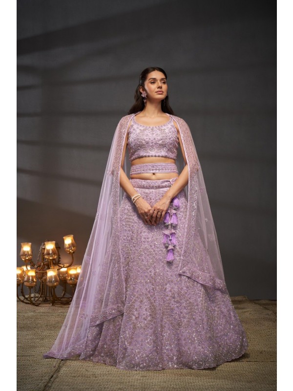 Soft Premium Net Lehenga In Lavender Color With Embroidery Work & Zarkan Work 