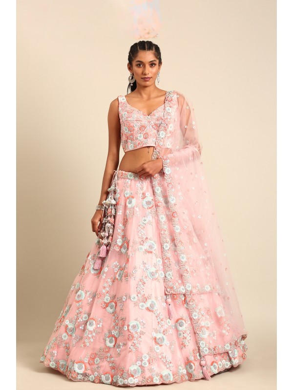 Soft Premium Net Party Wear Wear Lehenga In Pink Color With Embroidery Work , Zarkan & Moti Work 