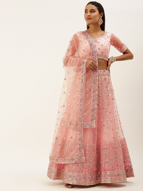 Soft Premium Net Party Wear Wear Lehenga In Coral Color With Embroidery Work 