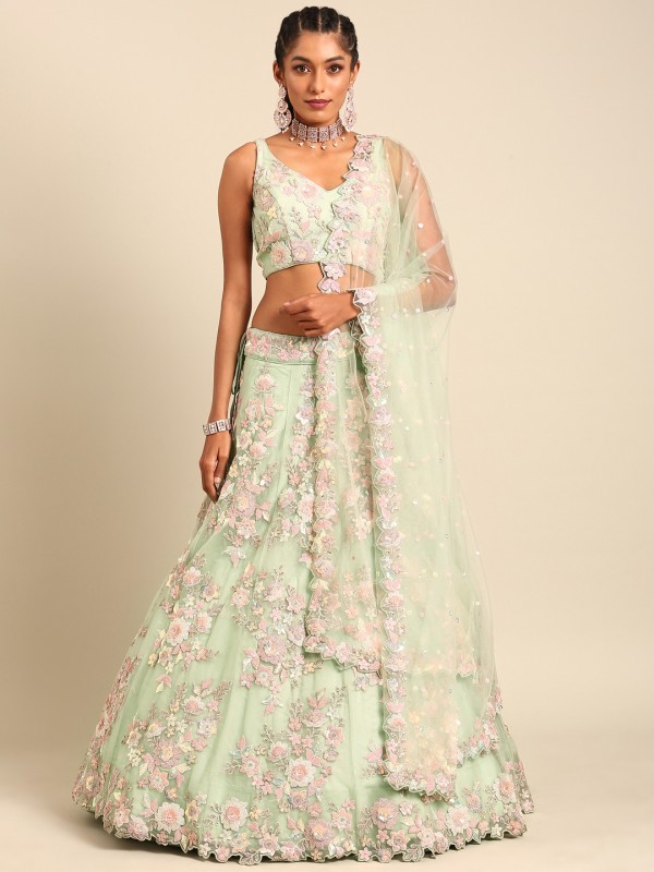 Soft Premium Net Party Wear Wear Lehenga In Lime Green Color With Embroidery Work 
