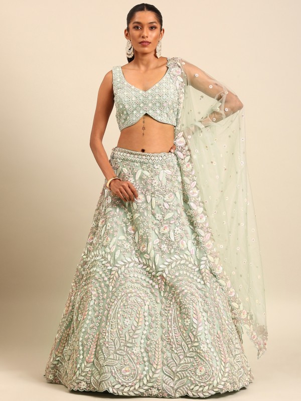 Soft Premium Net Party Wear Wear Lehenga In Sea Green Color With Embroidery Work 