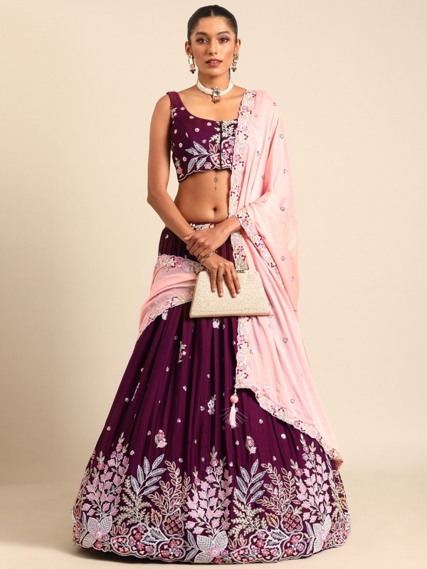 Pure Georgette Party Wear Lehenga In Burgundy Color With Embroidery Work 