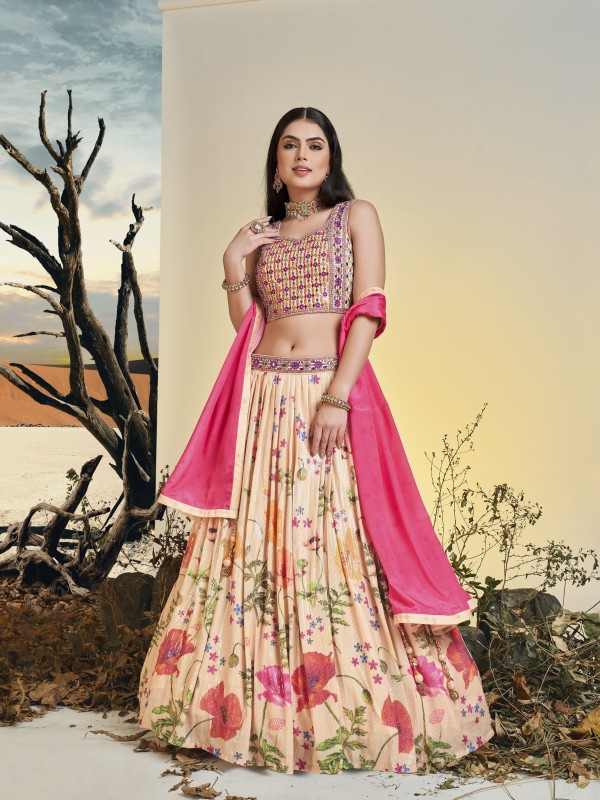 Chinon Silk Fabrics Party Wear Lehenga in Peach Color With Embroidery  