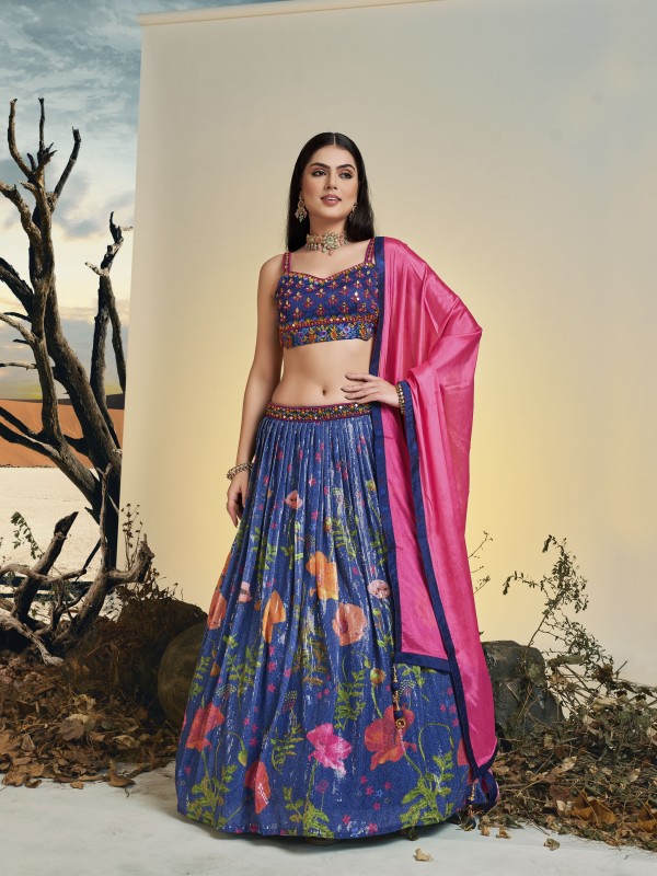Chinon Silk Fabrics Party Wear Lehenga in Blue Color With Embroidery  