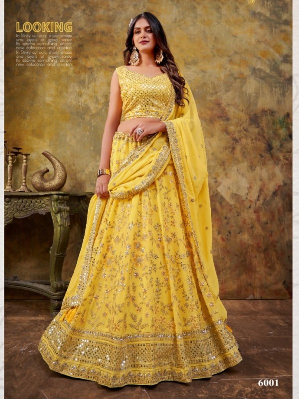 Pure Georgette Party Wear Wear Lehenga In Yellow With Embroidery Work 