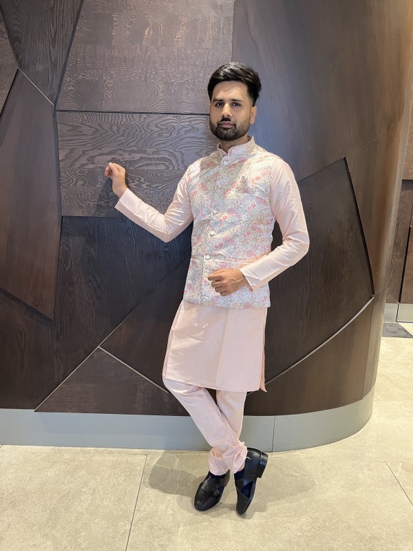 Pure Cotton Readymade Koti Kurta set in Peach Color With Jacquard Weaving 