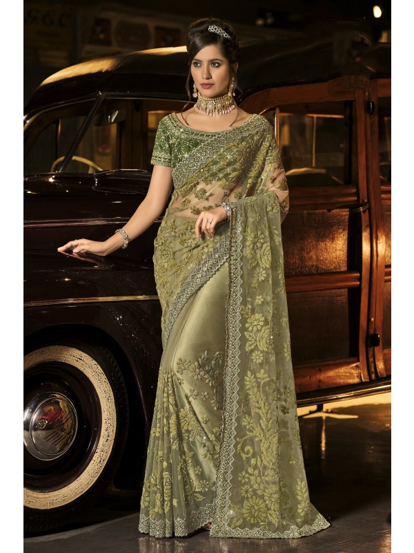 Soft Premium Net Wedding Wear Saree In Green Color WIth Embrodiery Work 