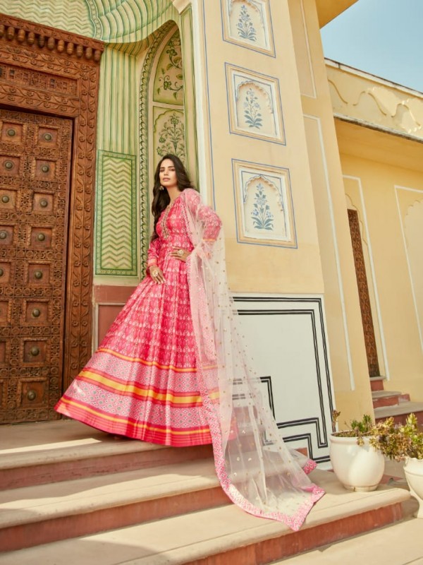 Patola Silk Party Wear Gown Pink Color with  Embroidery Work