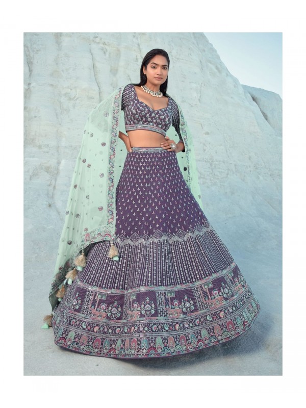 Georgette  Wedding Wear Lehenga In Purple Color  With Embroidery Work