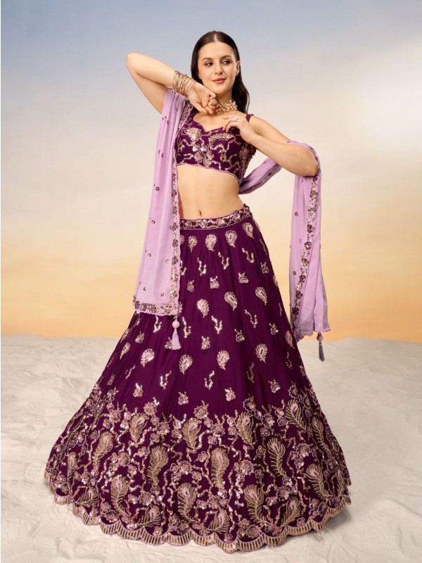 Pure Georgette Lehenga In Burgundy Color With Embroidery Work & Sequence Work  