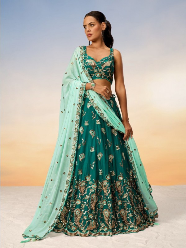 Pure Georgette Lehenga In Green Color With Embroidery Work & Sequence Work  