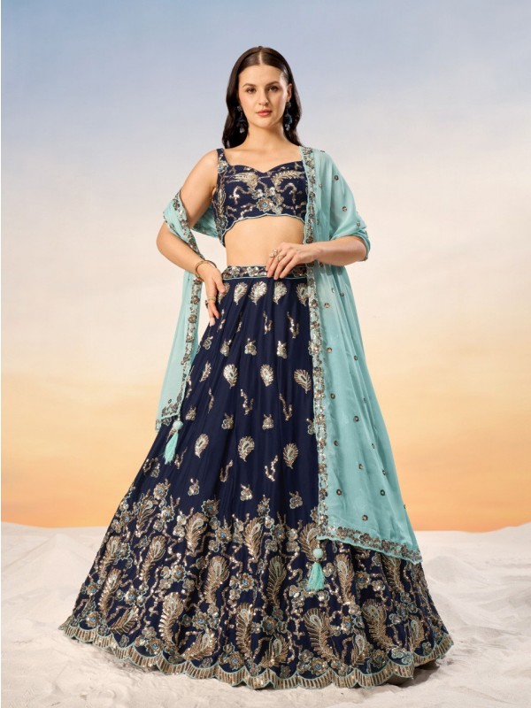 Pure Georgette Lehenga In Navy blue Color With Embroidery Work & Sequence Work  