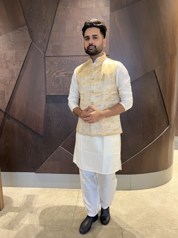 Pure Cotton Readymade Koti Kurta set in Off White & Yellow With Jacquard Weaving 