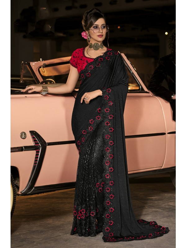Fancy Laycra Wedding Wear Saree In Black Color WIth Embrodiery Work 