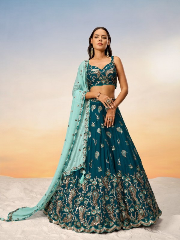 Pure Georgette Lehenga In Teal Color With Embroidery Work & Sequence Work  