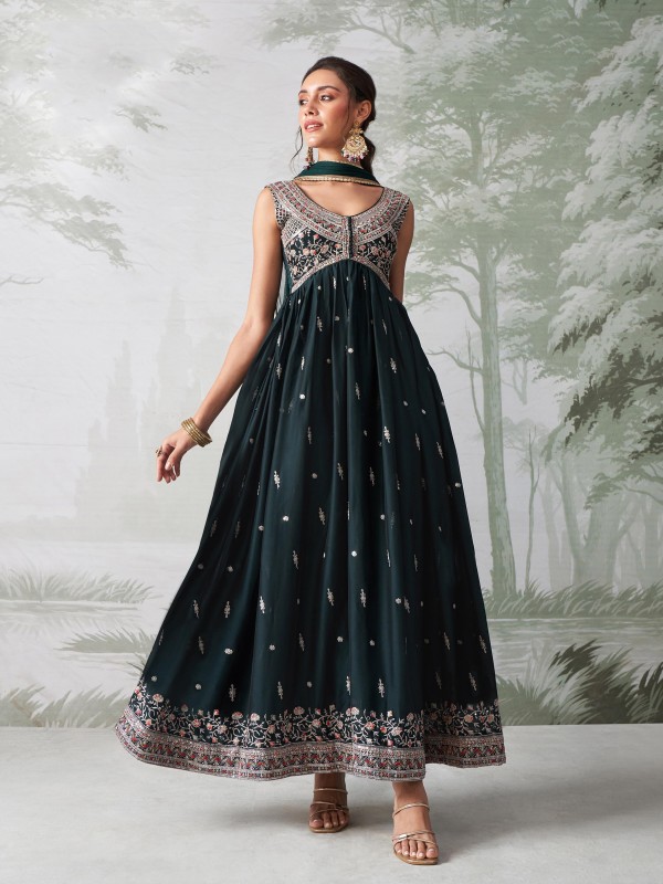 Pure Georgette Party Wear Gown Green Color with Embroidery Work