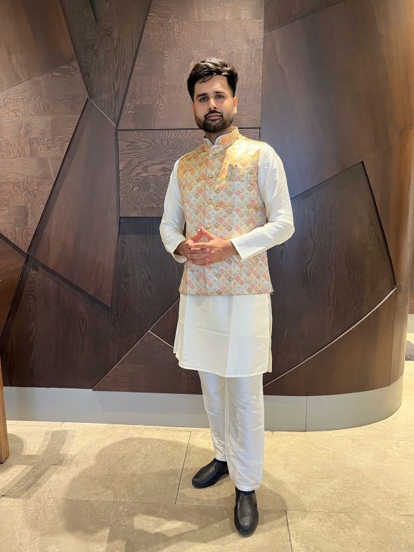 Pure Cotton Readymade Koti Kurta set in Off White & Multi Color With Jacquard Weaving 
