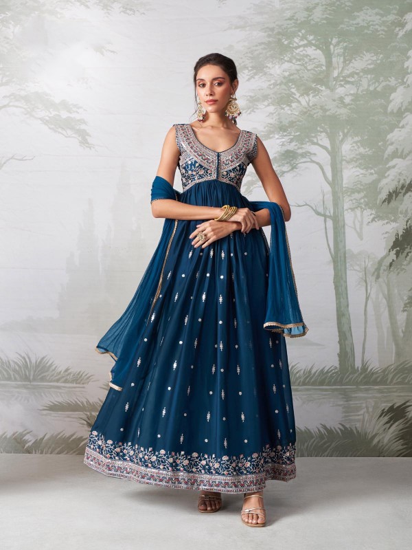 Pure Georgette Party Wear Gown Teal Blue Color with Embroidery Work
