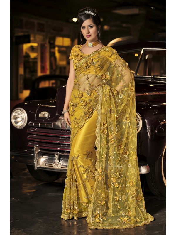 Soft Premium Net Wedding Wear Saree In Yellow Color WIth Embrodiery Work 