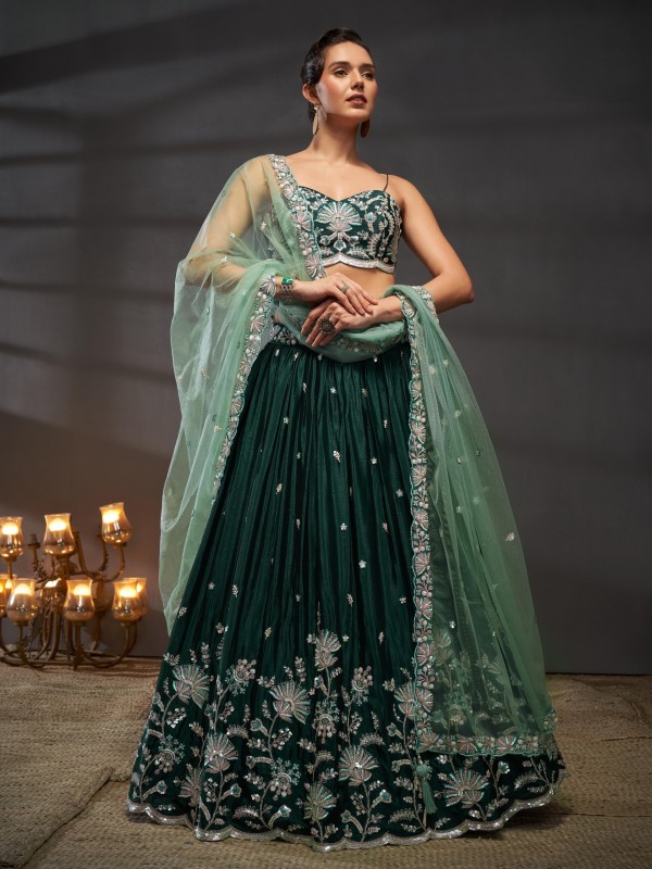 Pure Chiffon Lehenga Green Color Lehenga With Embroidery Work & Sequence Work    