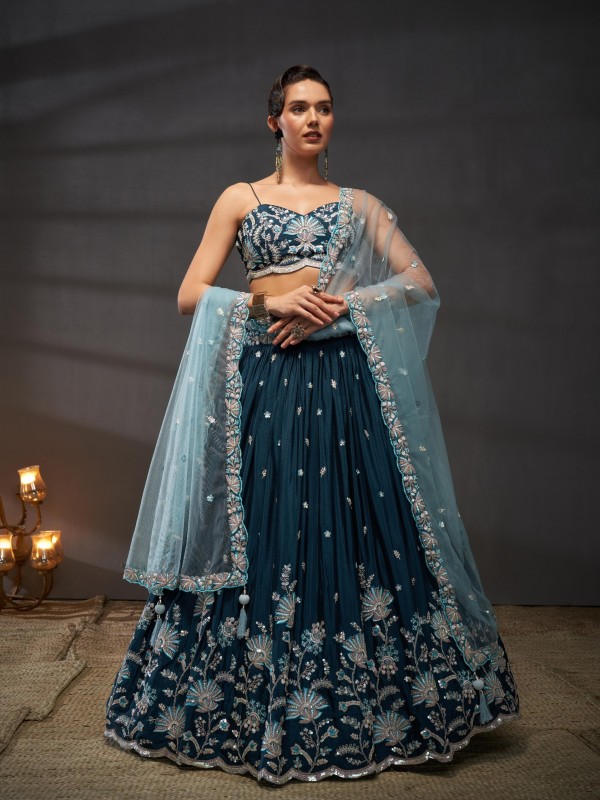 Pure Chiffon Lehenga Teal Color Lehenga With Embroidery Work & Sequence Work    