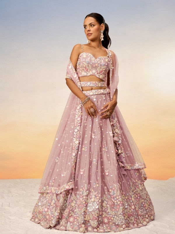 Pure Chiffon Lehenga In Rose Gold Color With Embroidery Work & Sequence Work  
