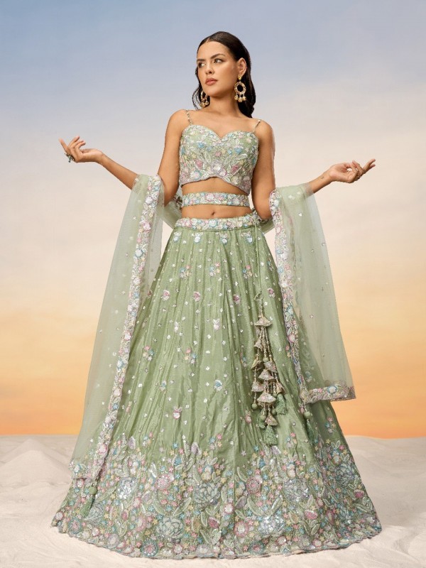 Pure Chiffon Lehenga In Lime Green Color With Embroidery Work & Sequence Work  