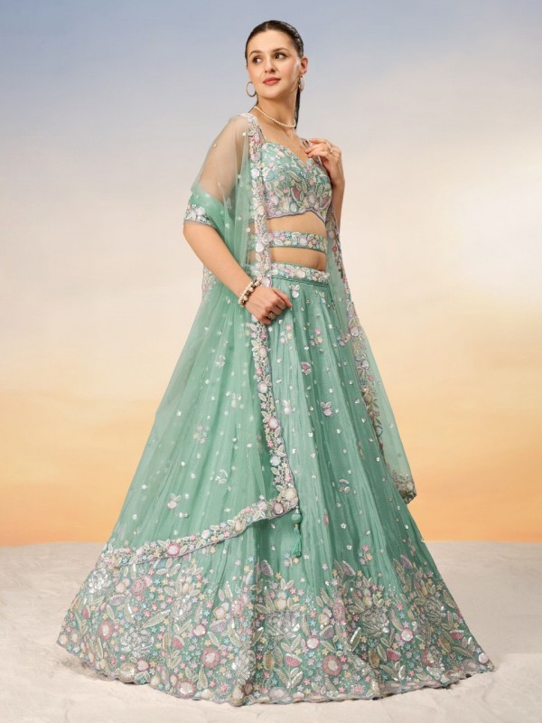 Pure Chiffon Lehenga In Sea Green Color With Embroidery Work & Sequence Work  