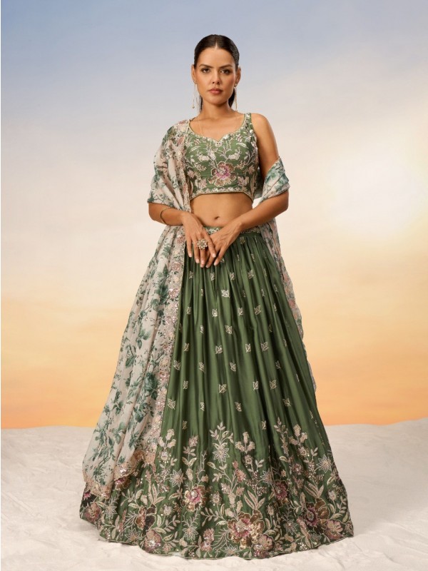 Pure Satin Silk Lehenga In Olive Color With Embroidery Work & Sequence Work  
