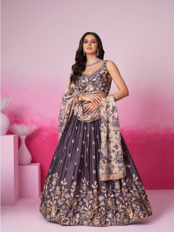 Pure Chiffon Silk Lehenga In Purple Color With Embroidery Work & Sequence Work  