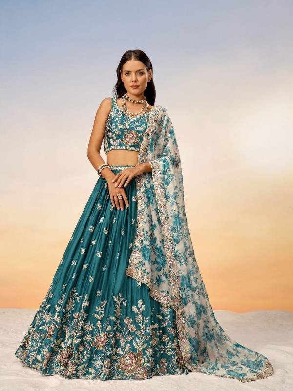 Pure Satin Silk Lehenga In Teal Color With Embroidery Work & Sequence Work  