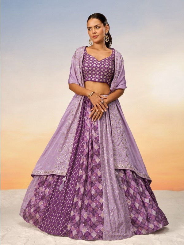 Pure Chiffon Lehenga In Pure Chiffon Lavender Color With Embroidery Work & Sequence Work  
